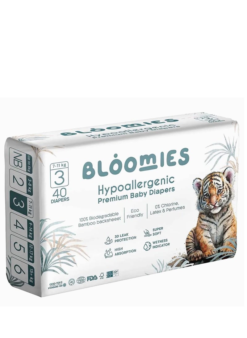 Bloomies Premium Baby Diapers with wetness indicator | Eco-friendly and Hypoallergenic Nappies Made with 100% Bamboo | Nappies Size 3 for babies 6-11kg x 40pcs