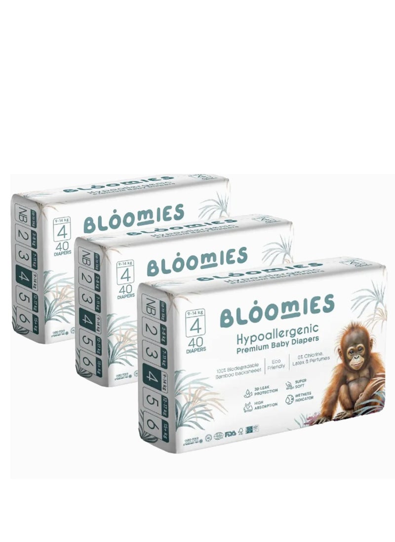 Premium Baby Diapers with wetness indicator | Eco-friendly and Hypoallergenic Nappies Made with 100% Bamboo | Nappies Size 4 for babies 9-14kg x 40pcs x3