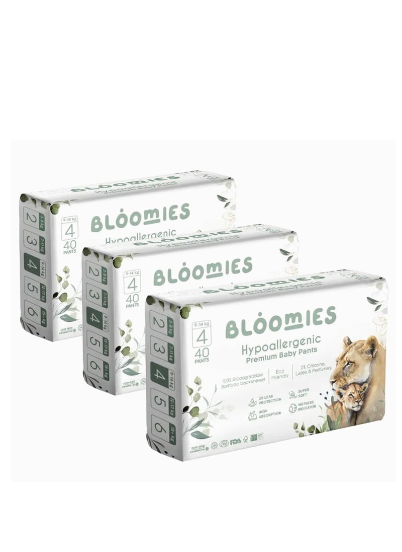 Bloomies Premium Baby Pants with wetness indicator | Eco-friendly and Hypoallergenic Nappy Pants Made with 100% Bamboo | Baby Pants Size 4 for babies 9-14kg x 40pcs x3