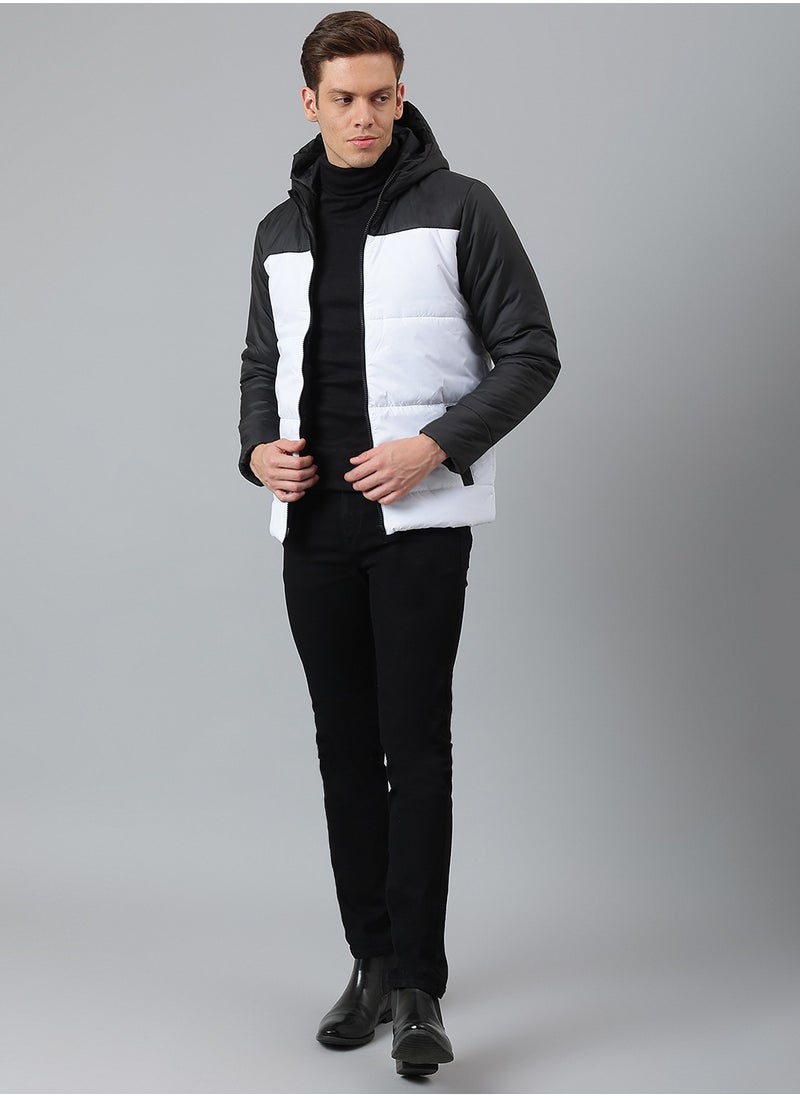 White Regular Fit Men's Colourblocked Hooded Polyester Jacket with Zipper Closure