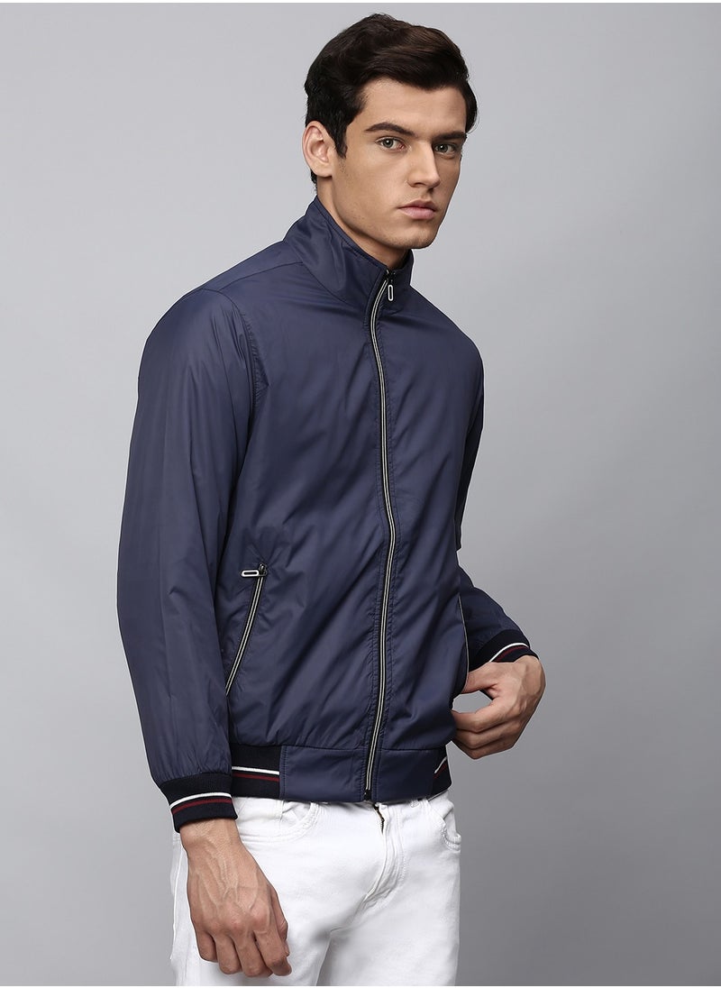 Navy Regular Fit Men's Solid Mock Neck Full Sleeves Polyester Jacket with Zipper Closure