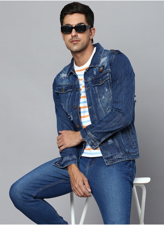 Men Blue Washed Denim Jacket