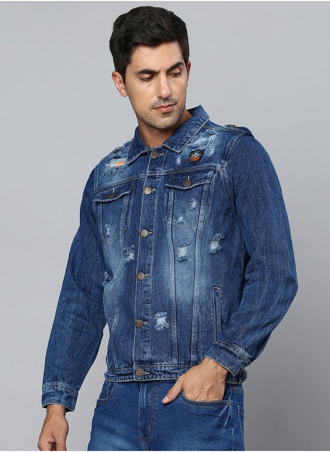 Men Blue Washed Denim Jacket