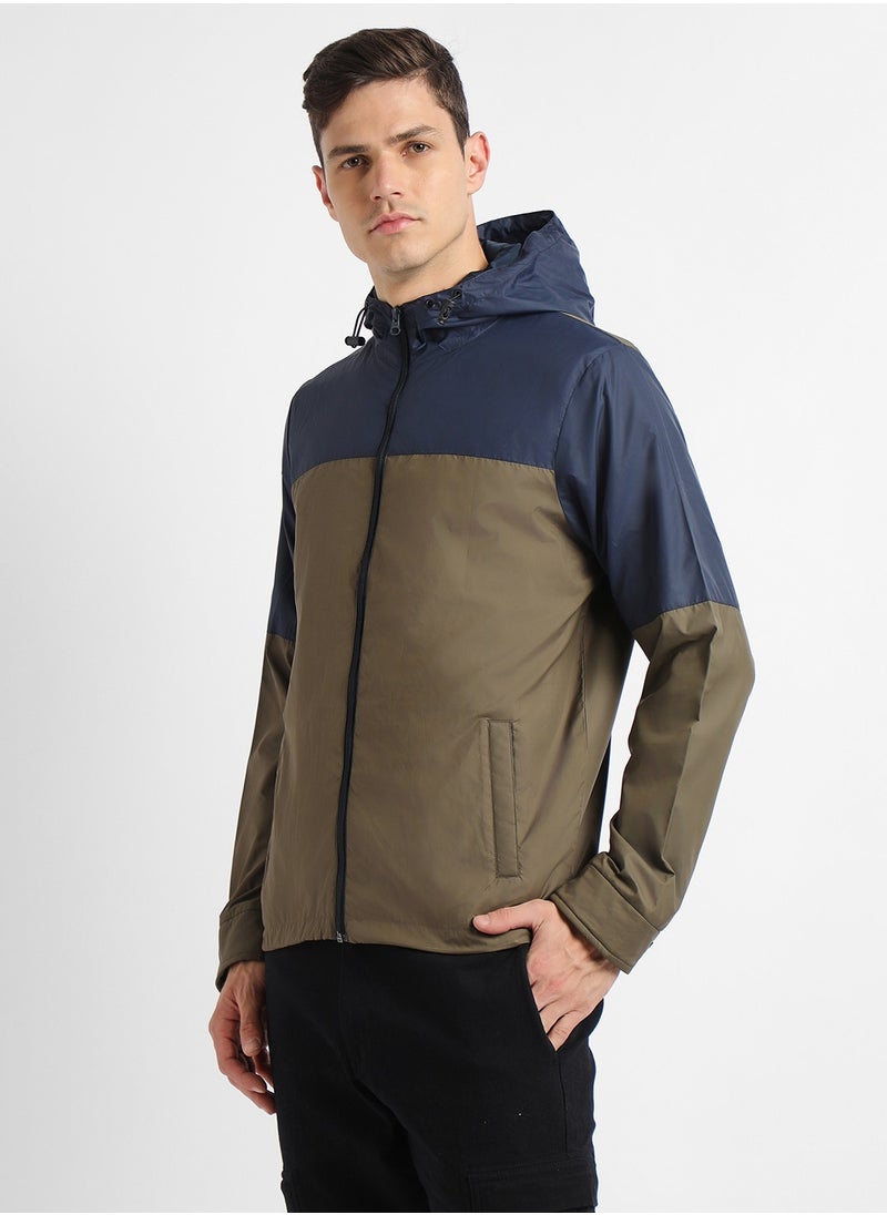 Military Regular Fit Men's Colourblocked Hooded Full Sleeves Polyester Jacket with Zipper Closure