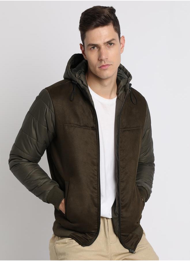 Olive Regular Fit Men's Solid Hooded Full Sleeves Polyester Jacket with Zipper Closure