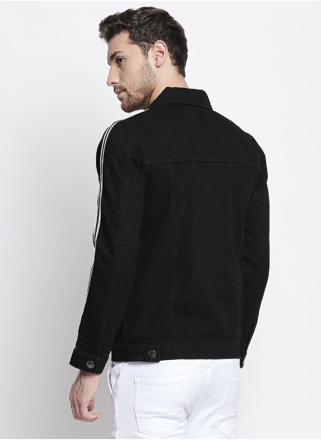 Men Black Solid Denim Jacket