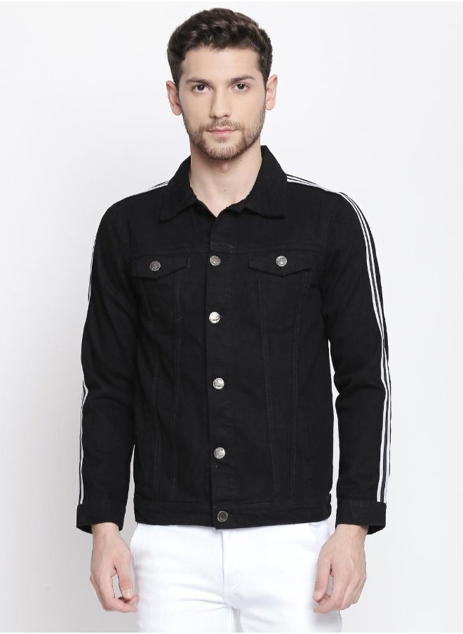 Men Black Solid Denim Jacket