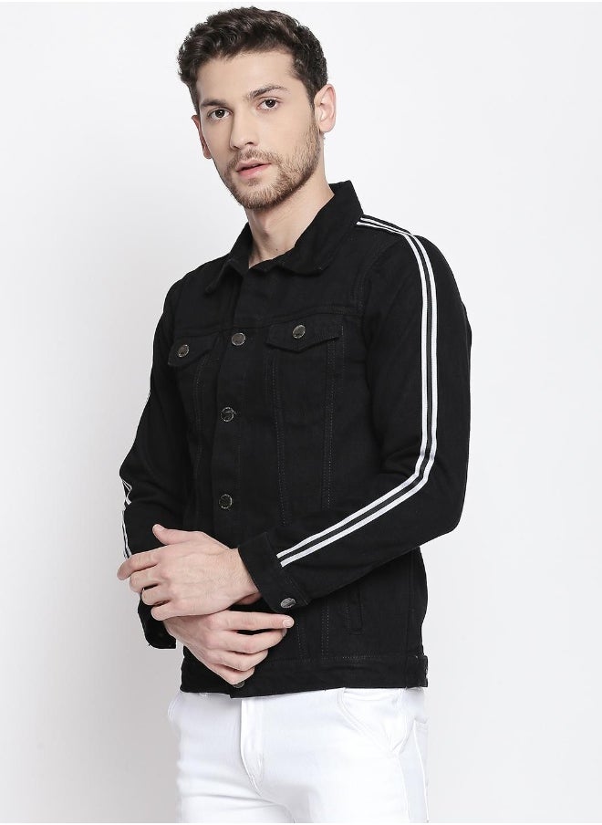 Men Black Solid Denim Jacket