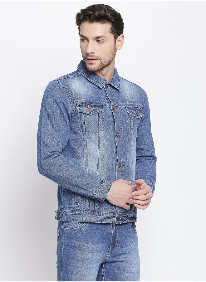 Men Blue Solid Denim Jacket