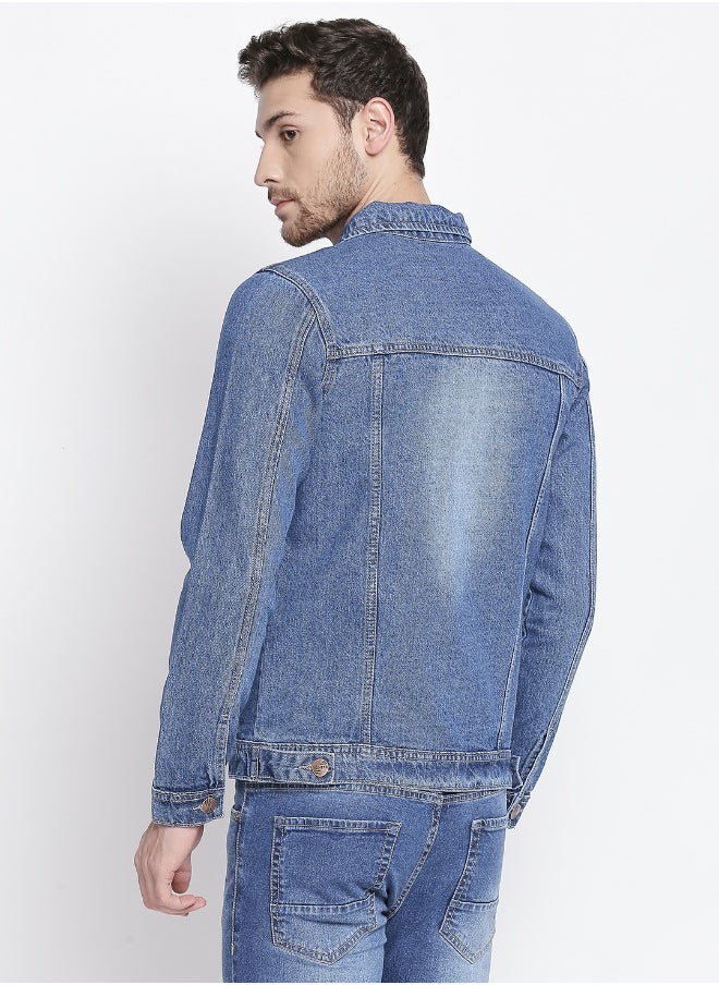 Men Blue Solid Denim Jacket