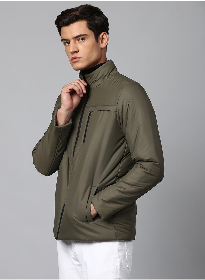 Olive Regular Fit Men's Solid Mock Neck Polyester Jacket with Zipper Closure