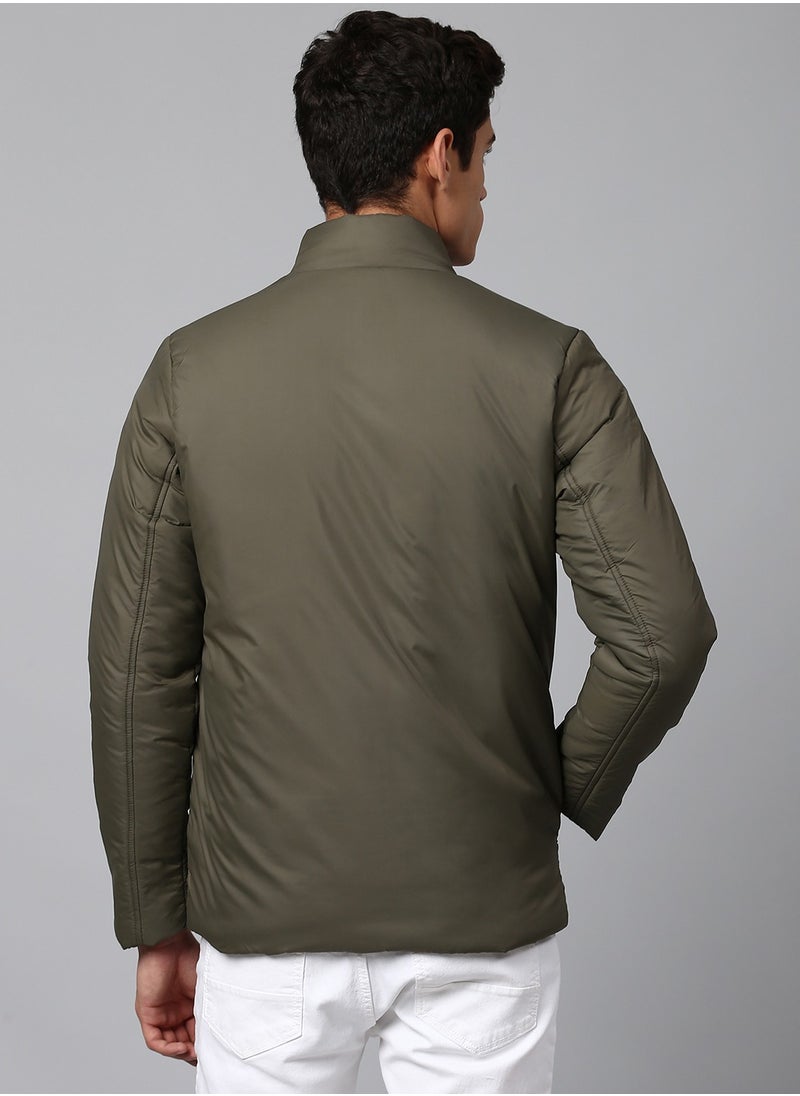 Olive Regular Fit Men's Solid Mock Neck Polyester Jacket with Zipper Closure