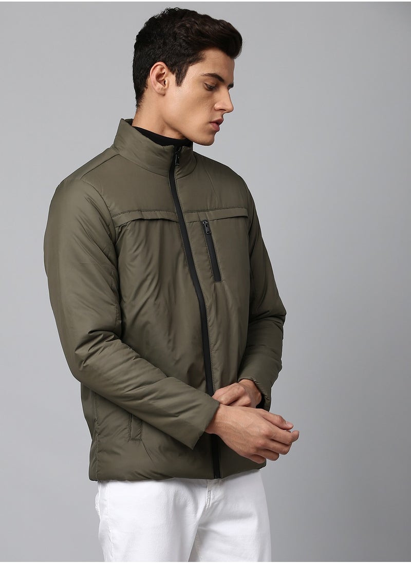 Olive Regular Fit Men's Solid Mock Neck Polyester Jacket with Zipper Closure