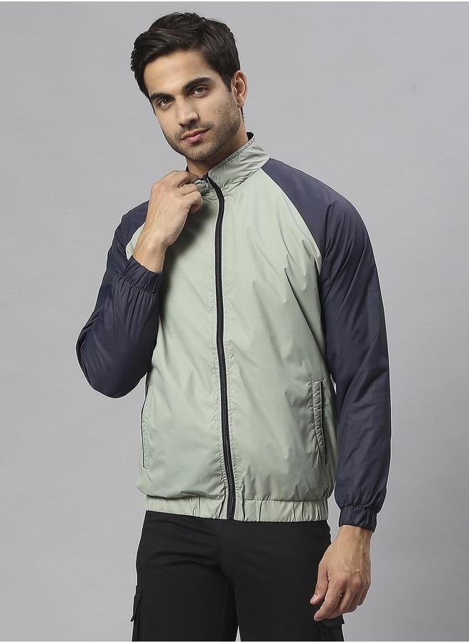 Sea Green Regular Fit Men's Colourblocked Mock Neck Polyester Jacket with Zipper Closure