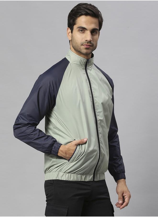 Sea Green Regular Fit Men's Colourblocked Mock Neck Polyester Jacket with Zipper Closure