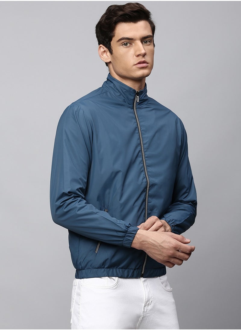 Bright Navy Regular Fit Men's Solid Mock Neck Full Sleeves Polyester Jacket with Zipper Closure