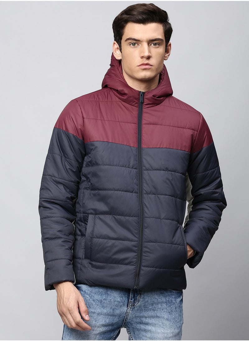 Navy Regular Fit Men's Colourblocked Hooded Polyester Jacket with Zipper Closure