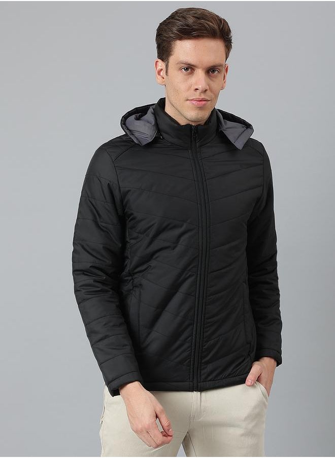 Black Regular Fit Men's Hooded Solid Polyester Jacket with Zipper Closure