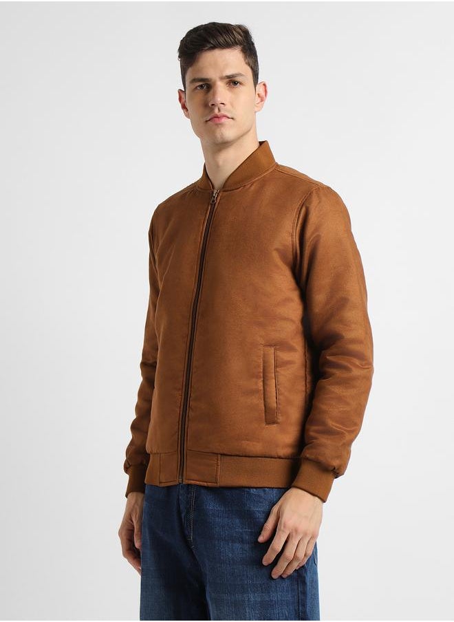 Tan Regular Fit Men's Solid Rib Collar Full Sleeves Polyester Jacket with Zipper Closure