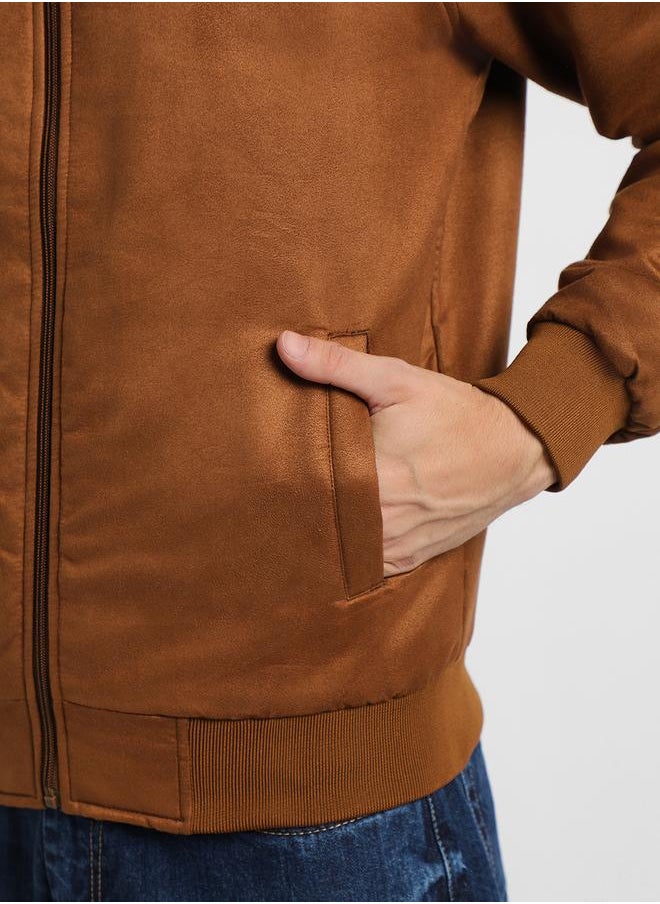 Tan Regular Fit Men's Solid Rib Collar Full Sleeves Polyester Jacket with Zipper Closure