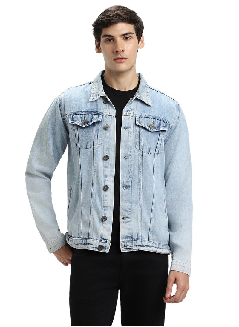 Regular Fit Indigo Men's Washed Denim Jacket, Full Sleeves, Spread Collar, Casual, Button Closure