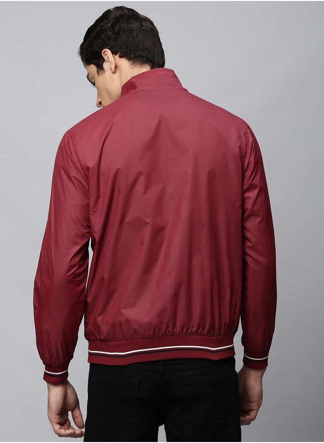 Maroon Regular Fit Men's Solid Mock Neck Full Sleeves Polyester Jacket with Zipper Closure