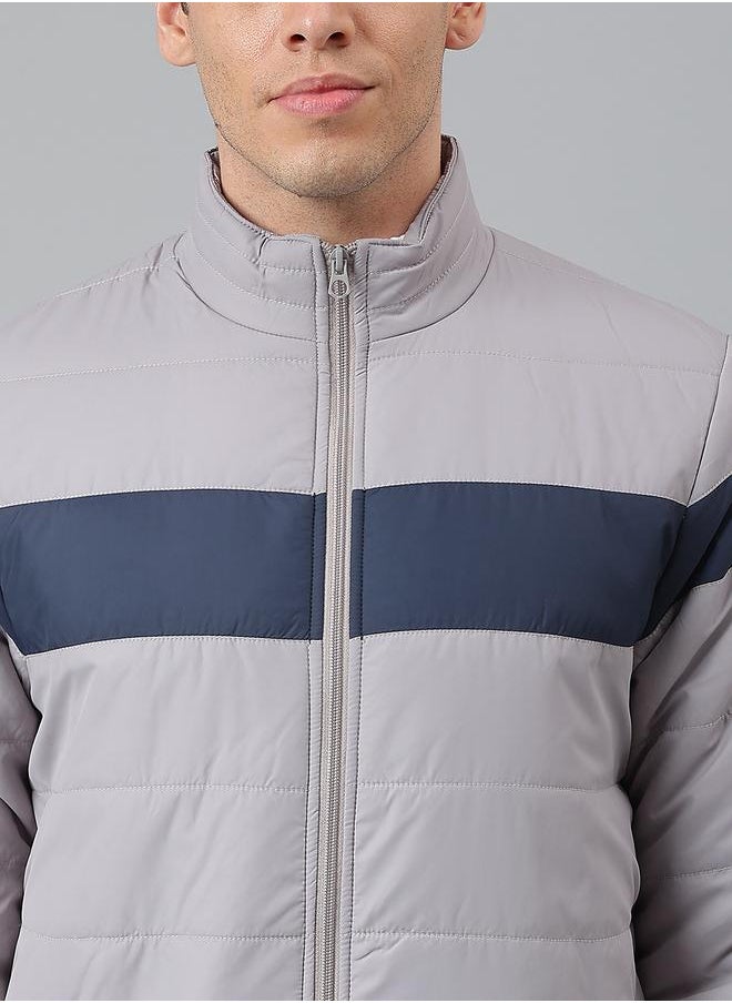 Grey Regular Fit Men's Striped Mock Neck Polyester Jacket with Zipper Closure