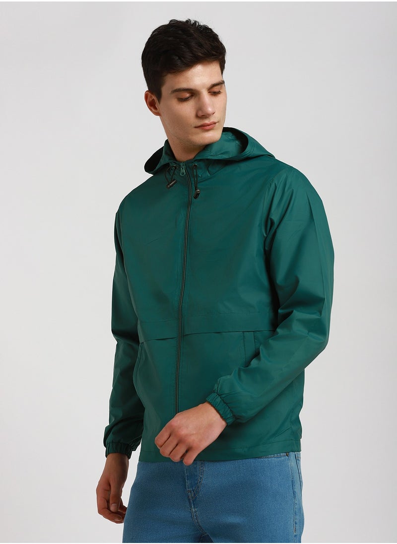 Grass Green Regular Fit Men's Solid Hooded Full Sleeves Polyester Jacket with Zipper Closure