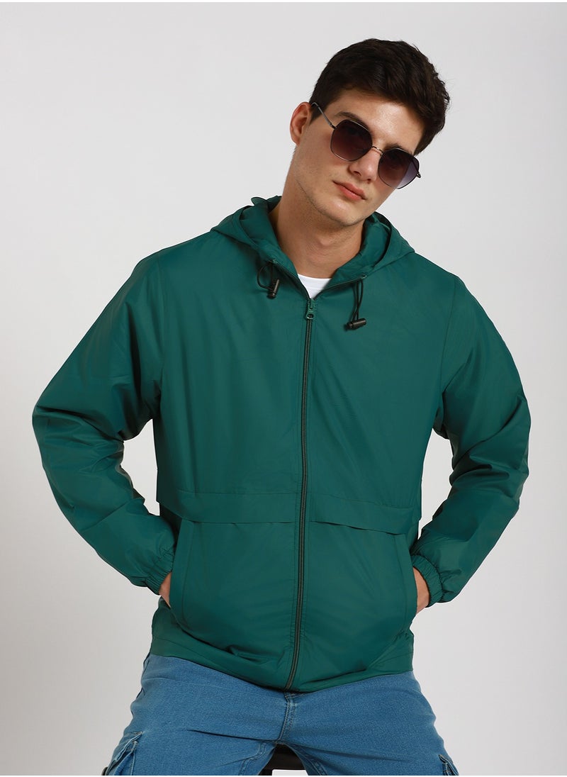 Grass Green Regular Fit Men's Solid Hooded Full Sleeves Polyester Jacket with Zipper Closure