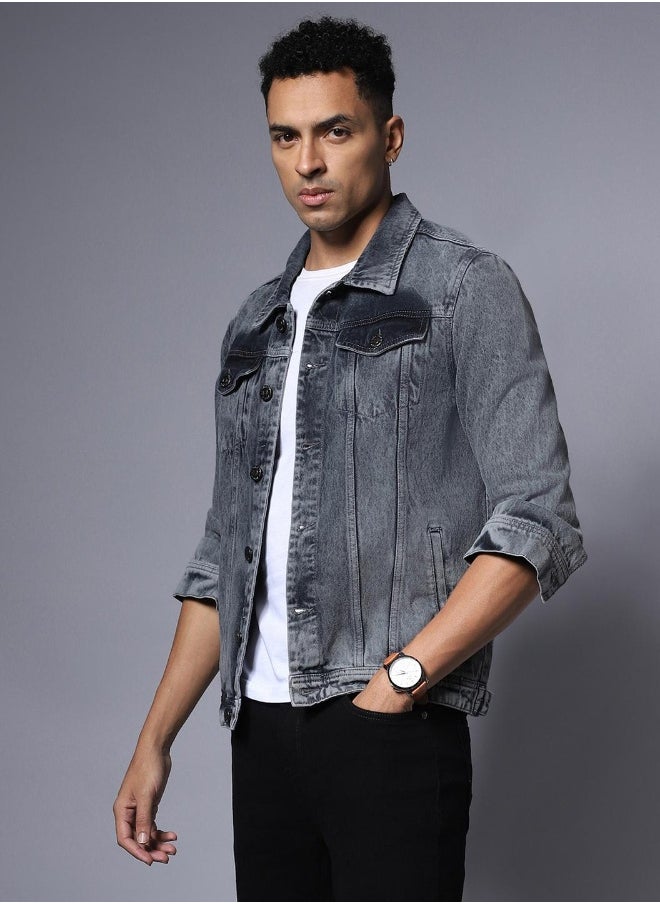 Men Grey Solid Denim Jacket