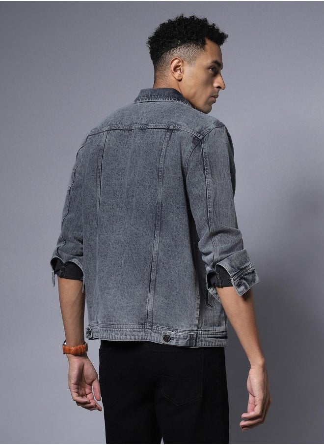 Men Grey Solid Denim Jacket