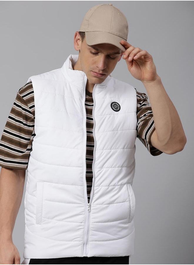 White Regular Fit Men's Solid Mock Neck Sleeveless Polyester Jacket with Zipper Closure