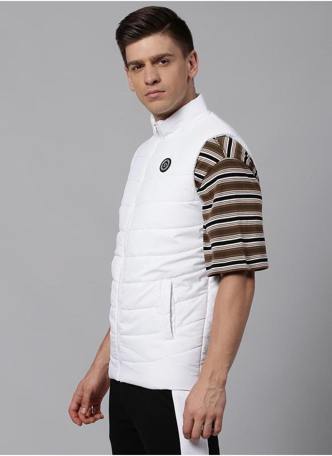 White Regular Fit Men's Solid Mock Neck Sleeveless Polyester Jacket with Zipper Closure