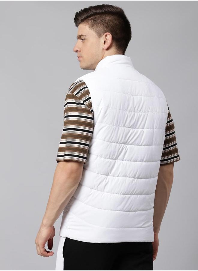 White Regular Fit Men's Solid Mock Neck Sleeveless Polyester Jacket with Zipper Closure