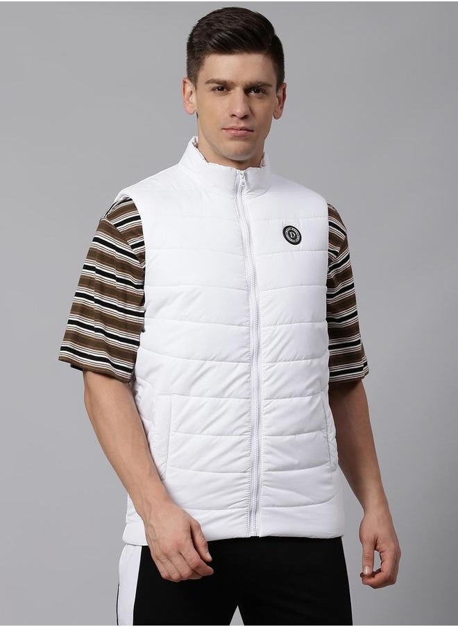 White Regular Fit Men's Solid Mock Neck Sleeveless Polyester Jacket with Zipper Closure