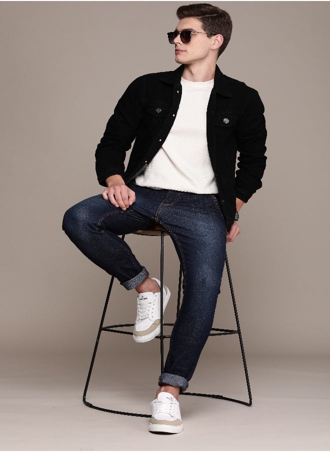 Men Black Solid Denim Jacket