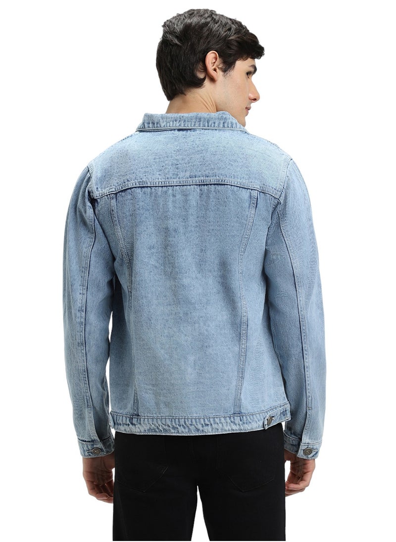 Regular Fit Indigo Men's Washed Denim Jacket, Full Sleeves, Spread Collar, Casual, Button Closure