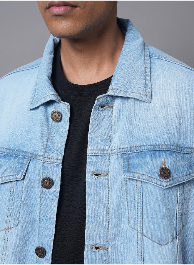 Men Blue Solid Denim Jacket