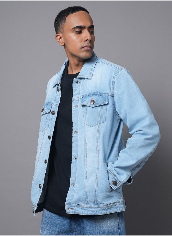 Men Blue Solid Denim Jacket