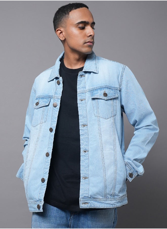 Men Blue Solid Denim Jacket