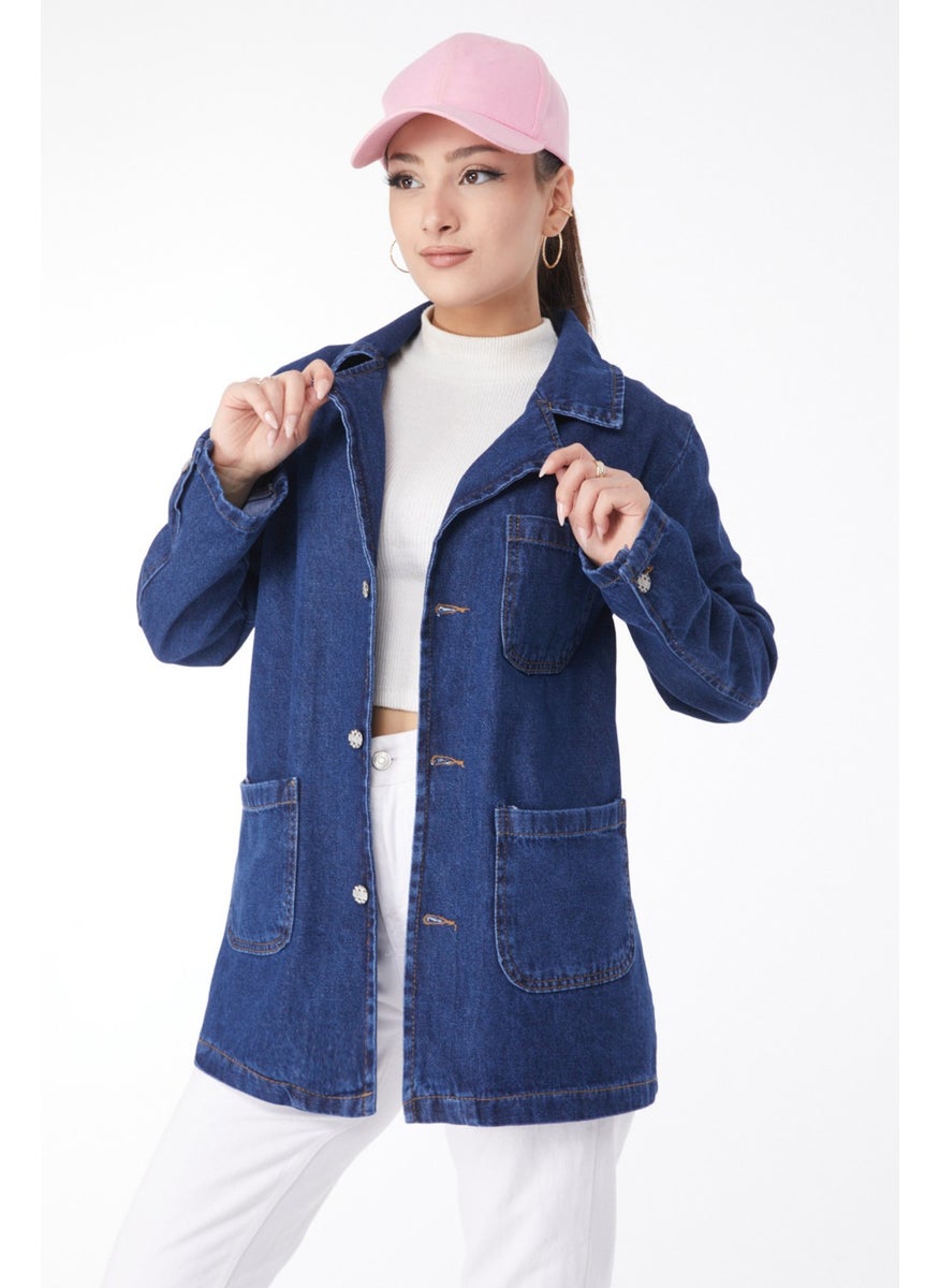 24049-DARK-BLUE Double Breasted Denim Jacket