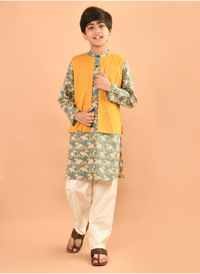 Printed Kurta Pajama Set with Nehru Jacket