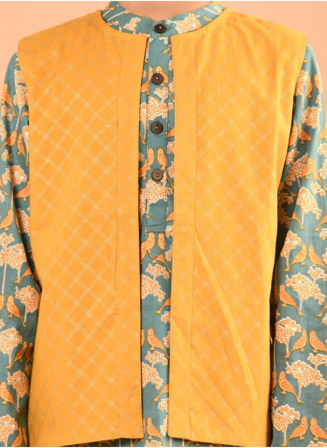 Printed Kurta Pajama Set with Nehru Jacket