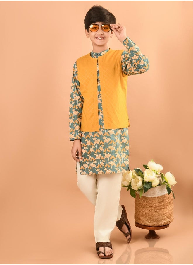 Printed Kurta Pajama Set with Nehru Jacket