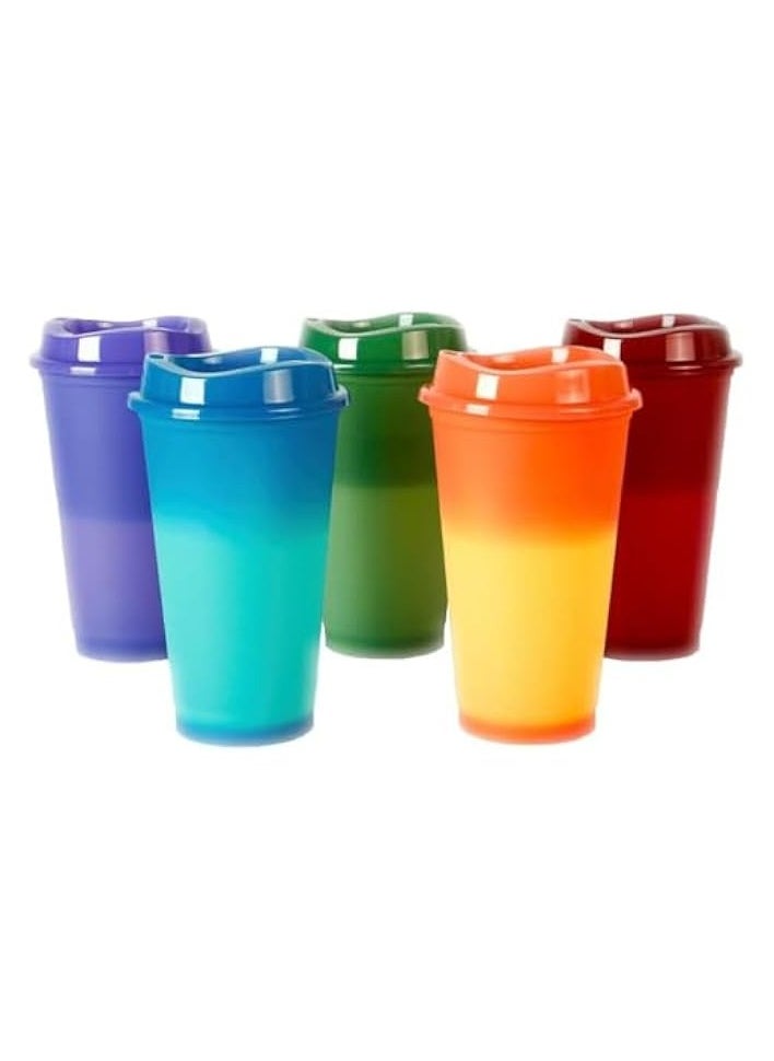 Reusable Color Changing Coffee Cups, 5 Pcs 16 oz/473 ml Plastic Cups with Lids, Quality & Splash-Proof Water Travel Cup for Coffee Mug