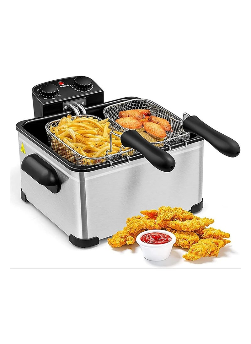 Deep Fryer, 2100W Stainless Steel Fryer with Heating Element, Triple Basket, Cup Oil Container & Lid with View Window, Adjustable Temperature & Timer, for Kitchen & Restaurant