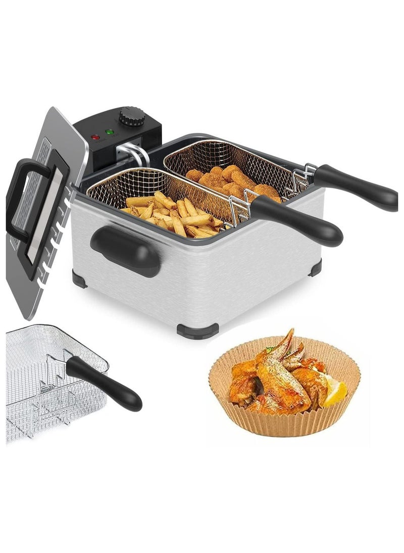 Electric Deep Fryer, 5 Liter/20 Cup with 3 Frying Baskets, Adjustable Temperature, Viewing Window, Stainless Steel, 100 Count 8 Inch Fryer Paper.