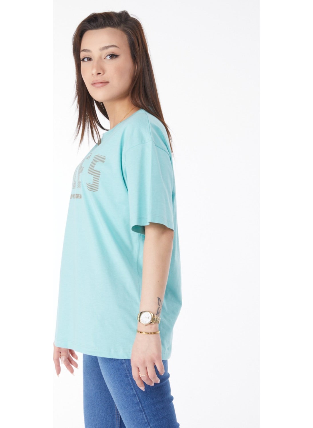 24631-MINT Crew Neck Short Sleeve Printed T-Shirt