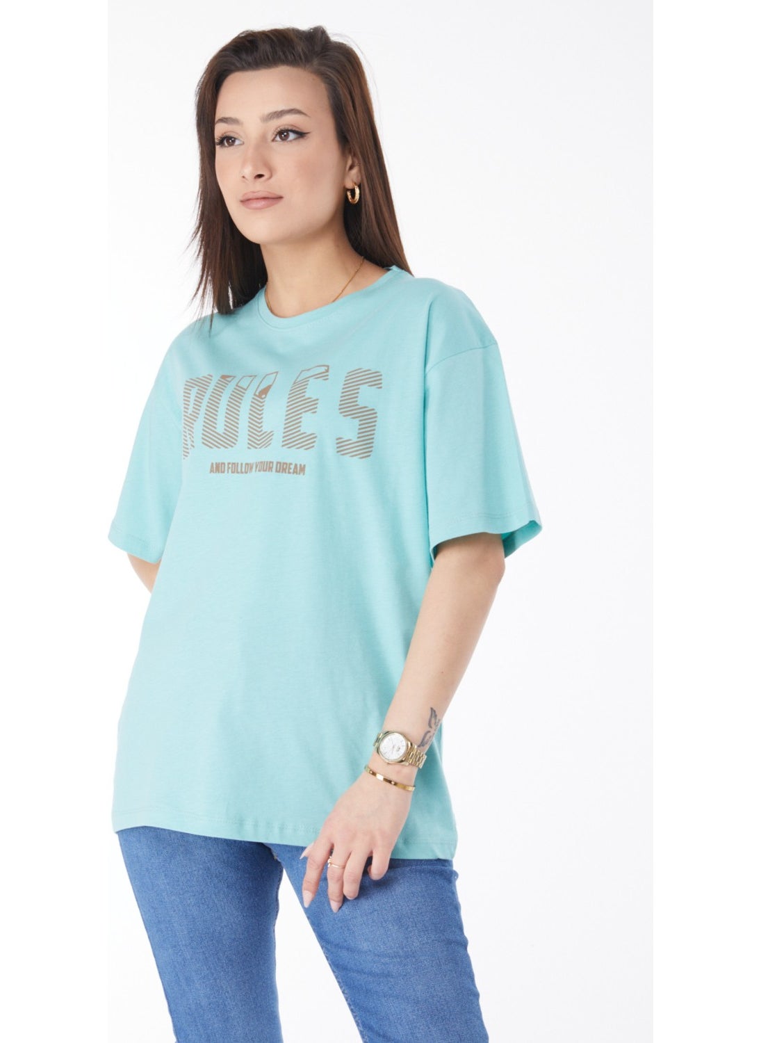 24631-MINT Crew Neck Short Sleeve Printed T-Shirt