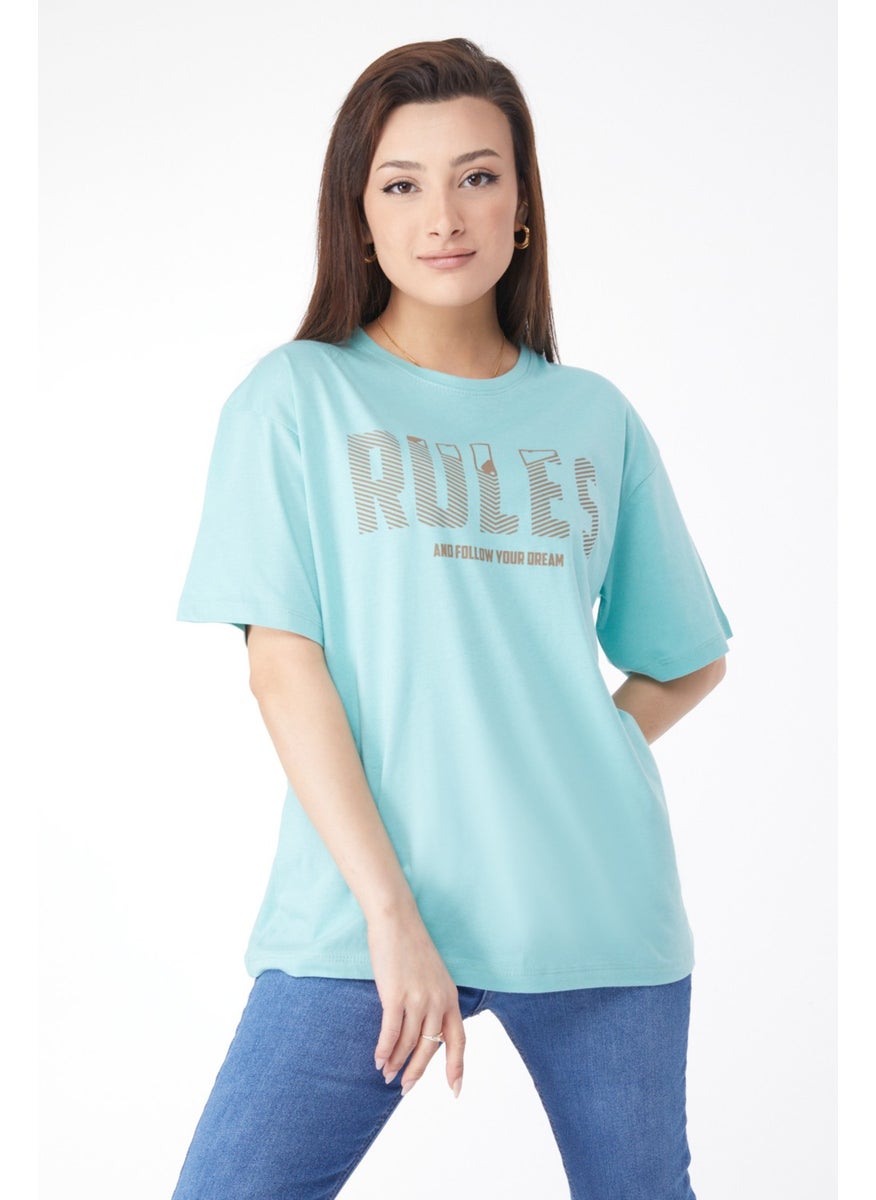 24631-MINT Crew Neck Short Sleeve Printed T-Shirt